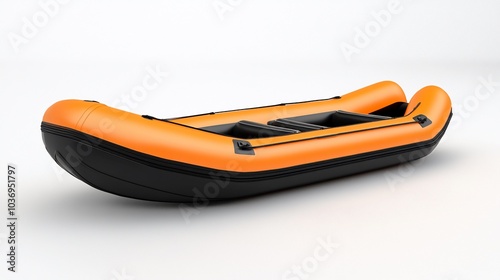 Orange inflatable raft with black bottom isolated on white background.