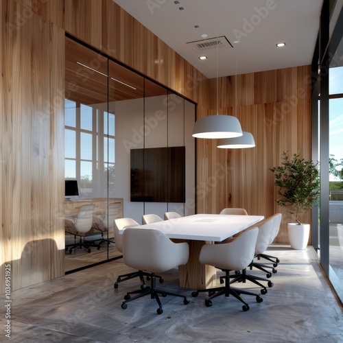 modern office with wooden walls and glass doors photo