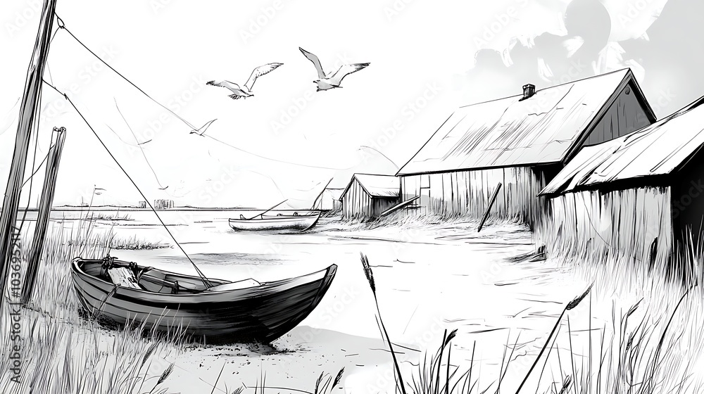 Fototapeta premium Black and White Illustration of a Boat Sheds and Seagulls by the Sea