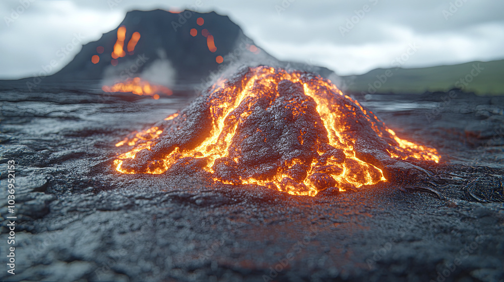A Close-Up View of Lava Flowing From an Erupting Volcano in a Dramatic Landscape Under Cloudy Skies A Close-Up View of Lava Flowing From an Erupting Volcano in a Dramatic Landscape Under Cloudy Skies
