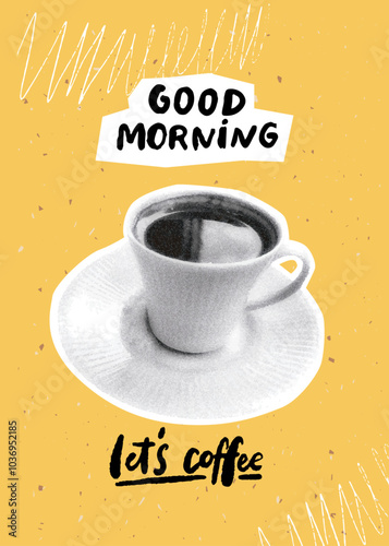 Good morning collage poster, halftone black coffee cup, cafe print at yellow background, trendy social media story design