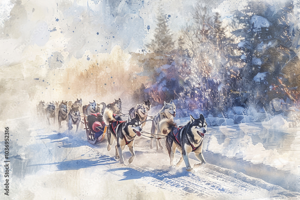 A group of huskies are pulling a sled through the snow A group of huskies are pulling a sled through the snow