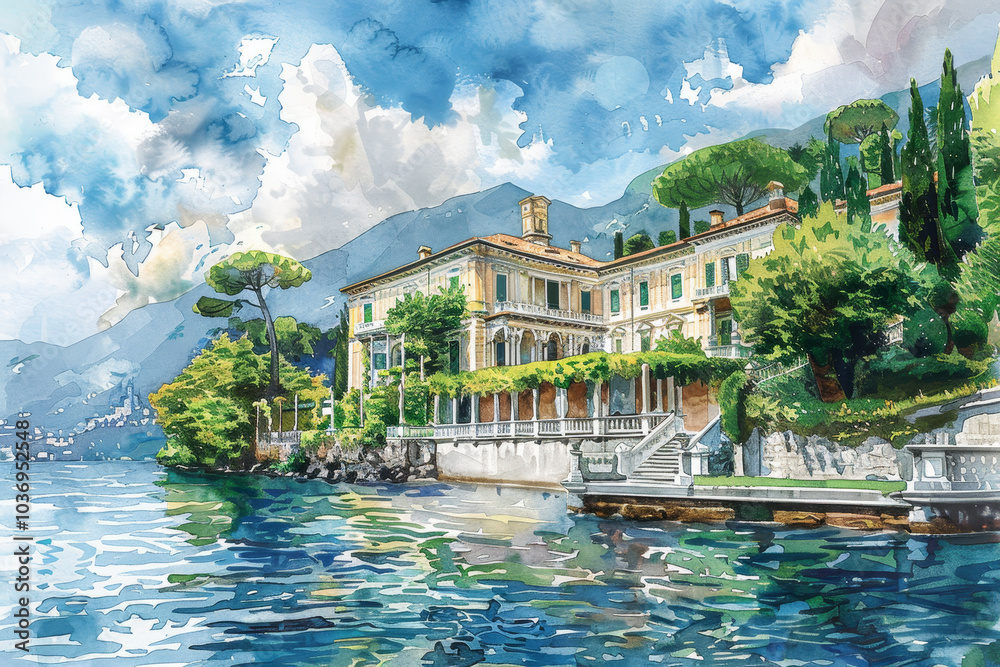 Obraz premium A painting of a house with a large garden and a lake in the background