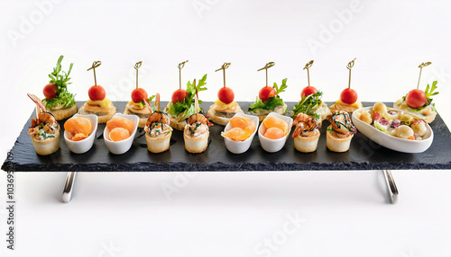 A delectable array of gourmet appetizers: shrimp, melon, savory pastries, and vibrant cherry tomatoes.  This elegant buffet display is perfect for any sophisticated gathering or event.  Enjoy!