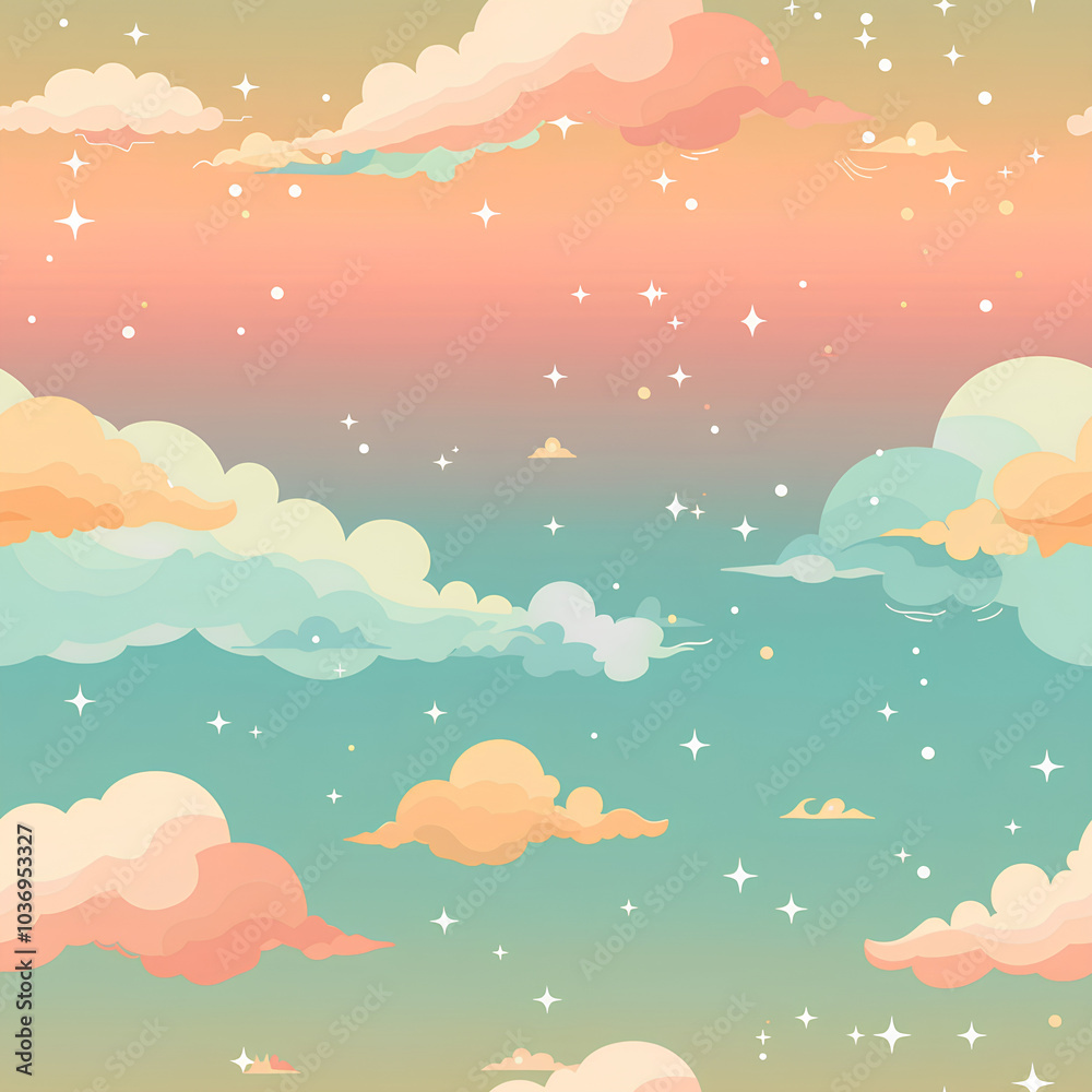 Fototapeta premium A pastel cloudscape with floating stars and a serene sunset, seamless design