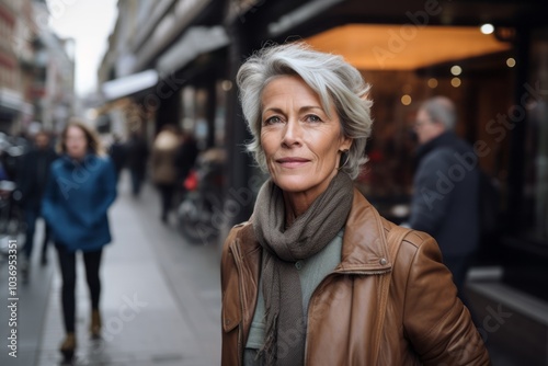 Mature woman walking in the city. Selective focus on the face