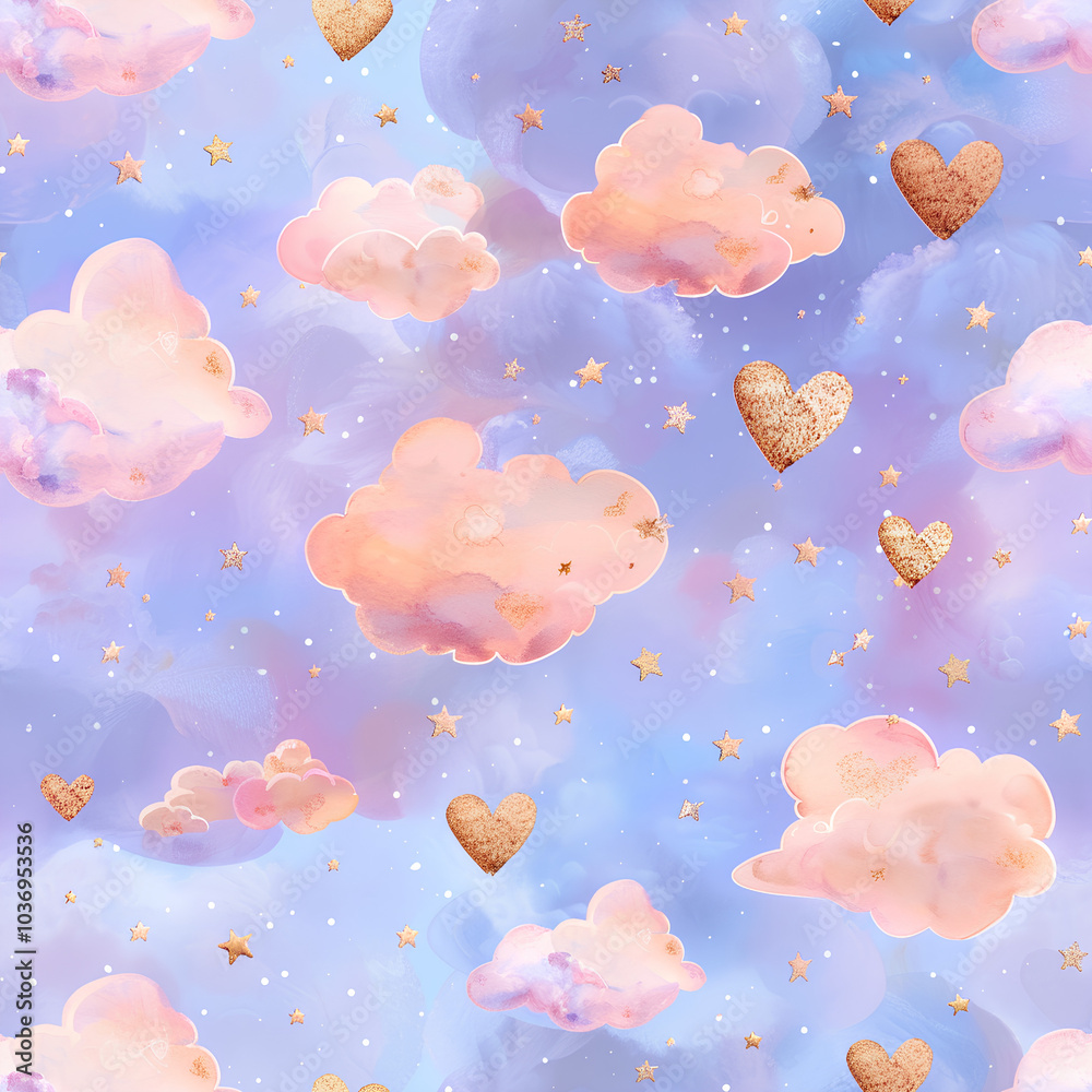 A pastel sky filled with floating heart-shaped clouds and tiny golden stars, seamless design A pastel sky filled with floating heart-shaped clouds and tiny golden stars, seamless design