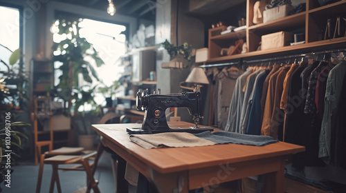 Vintage Sewing Machine on Wooden Table in Fashion Studio Interior