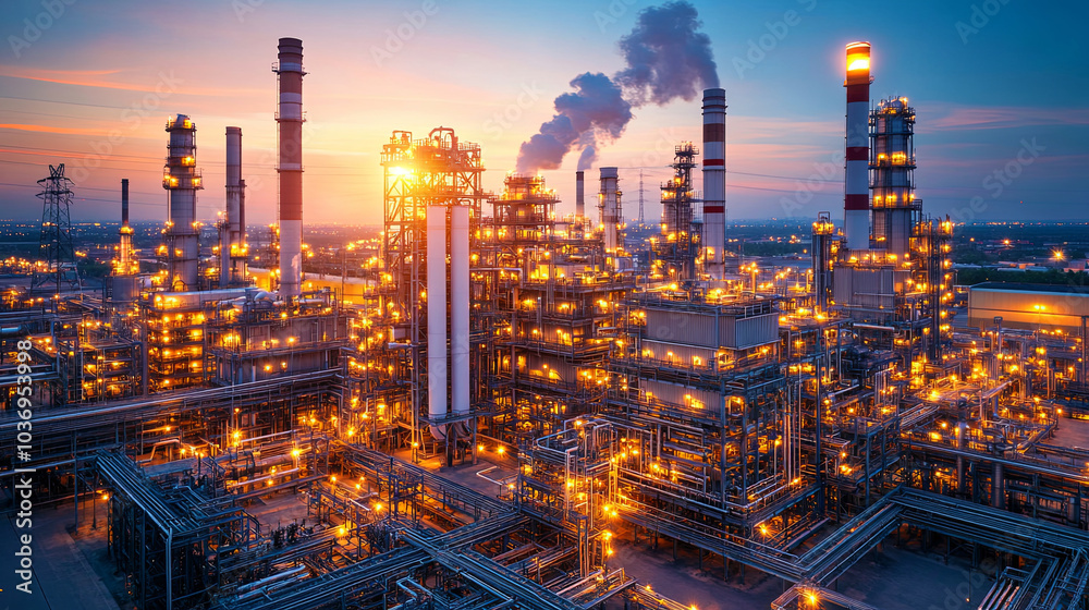 Fototapeta premium Industrial Refinery at Sunset With Illuminated Structures and Smokestacks Releasing Vapor in a Vibrant Orange Sky