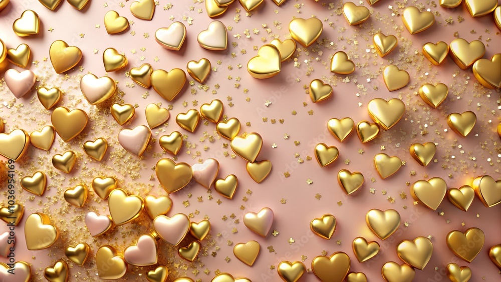 Gold heart confetti on a soft beige background. Gold heart confetti on a soft beige background.