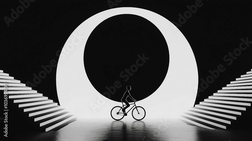 Silhouetted Cyclist in a Stark Minimalist Architectural Setting photo