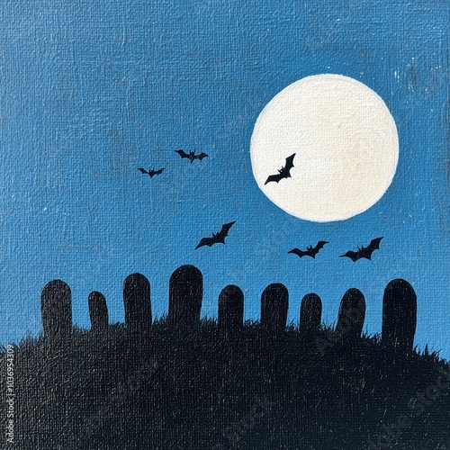 A spooky night scene features a full moon and silhouettes of bats flying over grave markers against a deep blue backdrop. photo