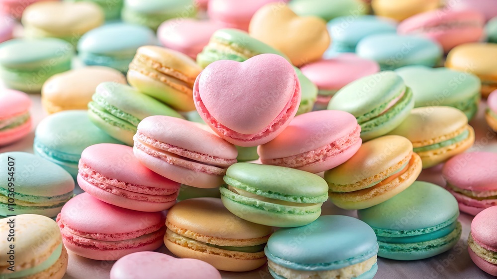 Colorful macarons arranged in heart-shaped clusters. Colorful macarons arranged in heart-shaped clusters.