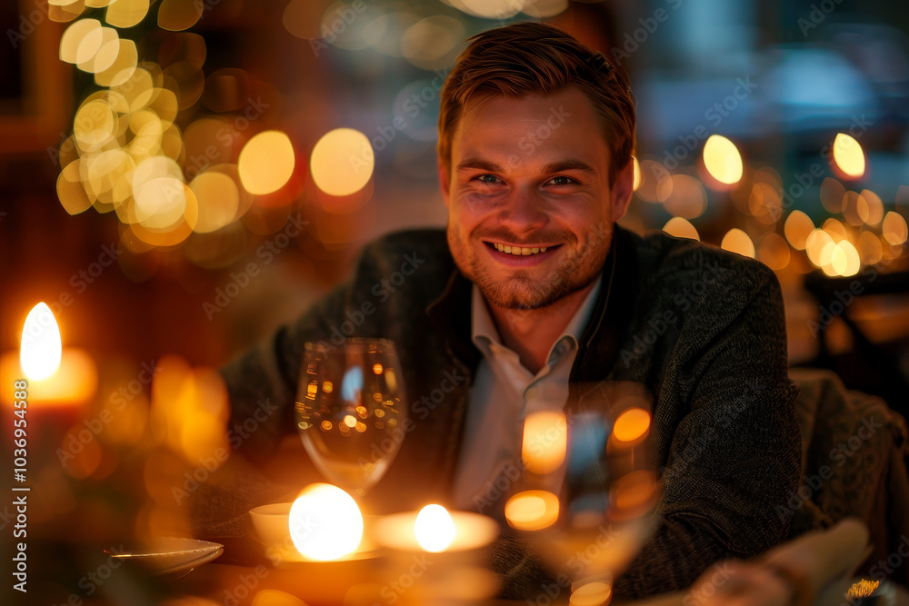 A man is smiling at the camera while sitting at a table with a glass of wine A man is smiling at the camera while sitting at a table with a glass of wine