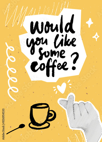 Would you like some coffee story, cafe poster, trendy collage hand love sign, doodle cup drawing. Yellow grunge background