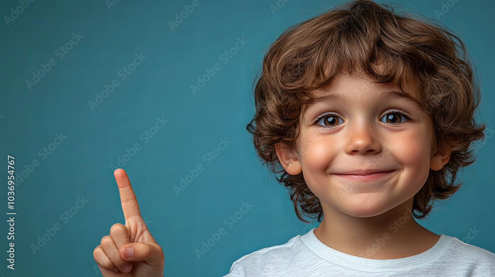 Cheerful Young Boy With Curly Hair Smiling and Pointing Upwards Against a Blue Background in a Bright Indoor Setting Cheerful Young Boy With Curly Hair Smiling and Pointing Upwards Against a Blue Background in a Bright Indoor Setting