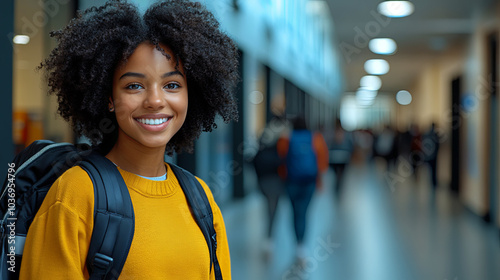 Cheerful Student in a Yellow Sweater Smiles in a Busy School Hallway During the Day