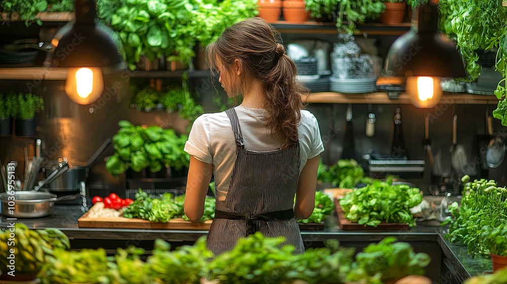 A Young Woman Prepares Fresh Vegetables in a Lush Indoor Garden Kitchen Surrounded by Green Herbs and Potted Plants in the Evening Light