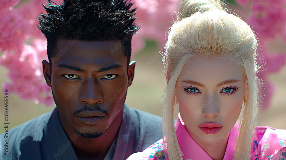 Obraz premium Two Models Pose Under Cherry Blossom Trees Wearing Traditional Garments During a Sunny Spring Day in a Garden Setting