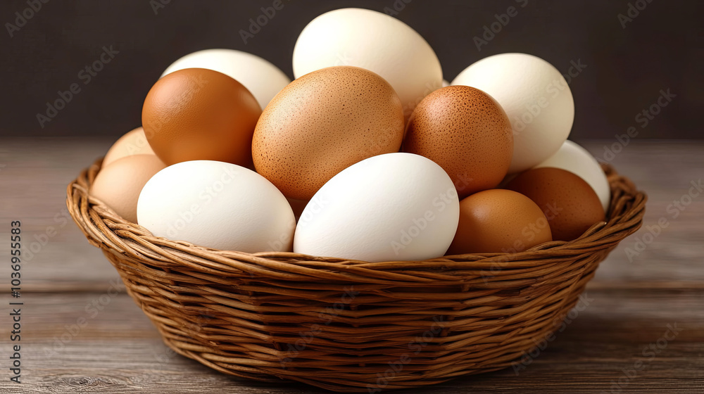 A Basket Filled With Fresh Brown and White Eggs Resting on a Wooden Surface in Natural Light A Basket Filled With Fresh Brown and White Eggs Resting on a Wooden Surface in Natural Light