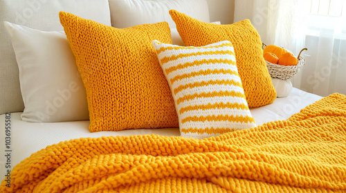 Cozy Living Room With Yellow Knitted Pillows and Blanket Creating a Warm Atmosphere in a Sunlit Space
