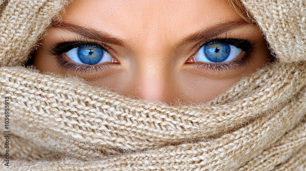 A Young Woman With Striking Blue Eyes Gazes Intently While Wrapped in a Cozy Beige Scarf During a Chilly Winter Day A Young Woman With Striking Blue Eyes Gazes Intently While Wrapped in a Cozy Beige Scarf During a Chilly Winter Day