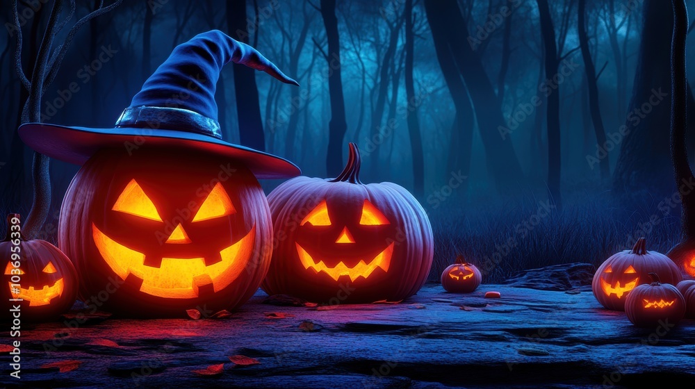 A spooky Halloween scene featuring carved pumpkins with glowing faces, set in a dark, eerie forest. A spooky Halloween scene featuring carved pumpkins with glowing faces, set in a dark, eerie forest.