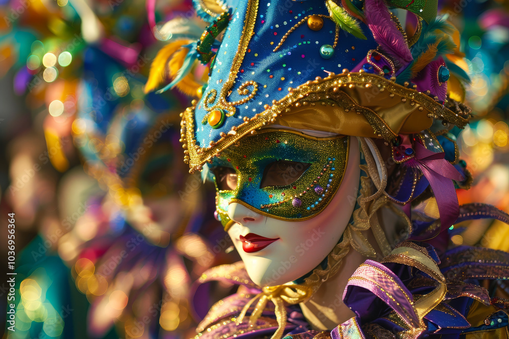 A woman in a blue and gold mask stands in front of a crowd A woman in a blue and gold mask stands in front of a crowd