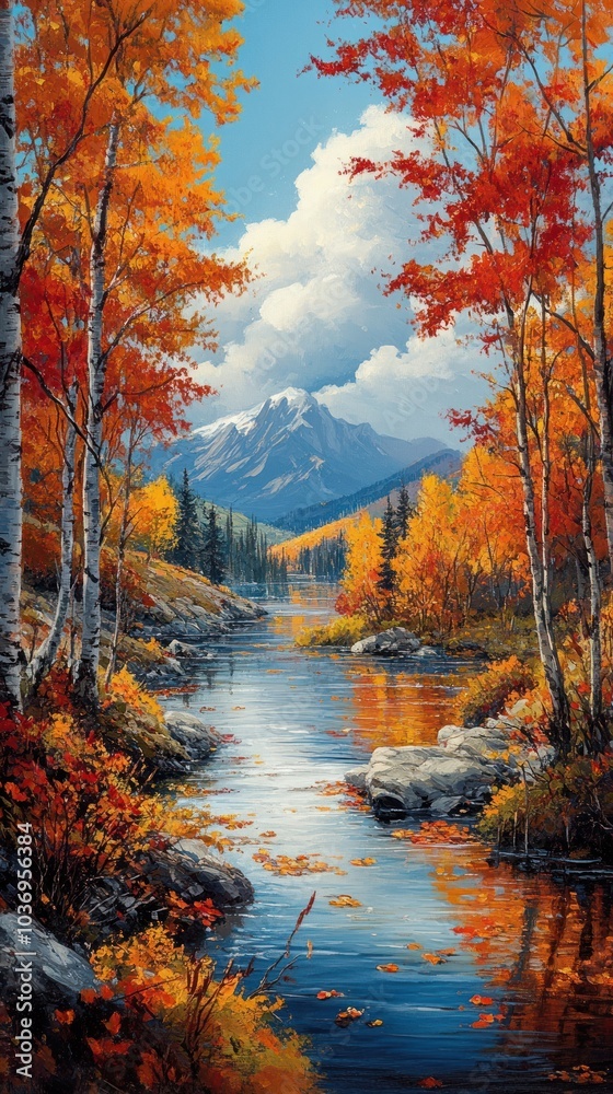Autumn Forest Stream and Mountain Illustration Autumn Forest Stream and Mountain Illustration