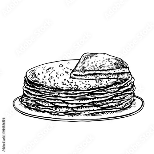 Pancakes on a plate. Vector graphic drawing of pancakes. A black and white hand-drawn illustration of food. On a white background. Great for a menu, poster or label and cooking recipes and invitations