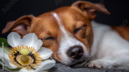  A small brown-and-white dog sleeps near a white-yellow flower, its eyes closed, on a gray surface