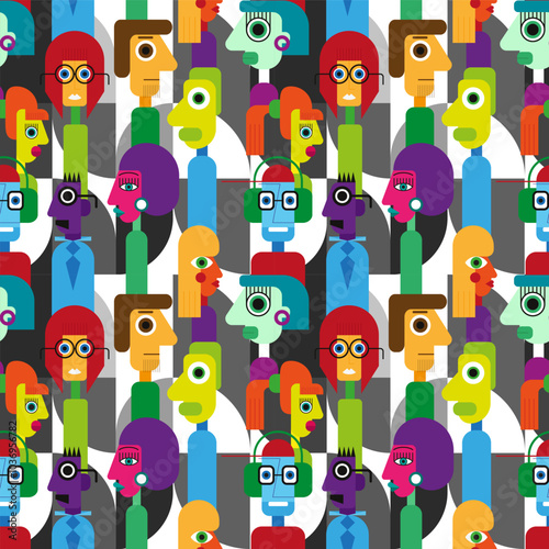Abstract geometric cubist inspiration composition of people faces. Colorful haracters collection. Seamless pattern. Vector illustration for prints, card, web, digital concept, poster