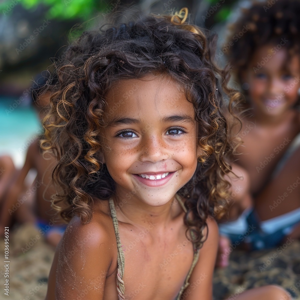 A joyful little girl with curly hair playing on a sandy beach surrounded by friends on a sunny day. Generative AI A joyful little girl with curly hair playing on a sandy beach surrounded by friends on a sunny day. Generative AI