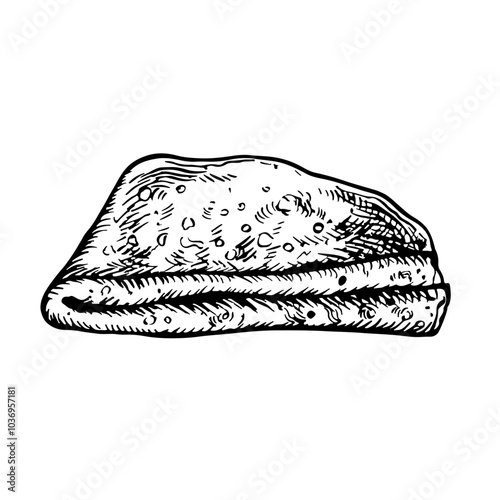 A pancake folded in a triangle. Vector graphic drawing of a pancake. Black and white hand-drawn illustration of food. On a white background. Great for menus, posters or stickers, for cooking recipes.