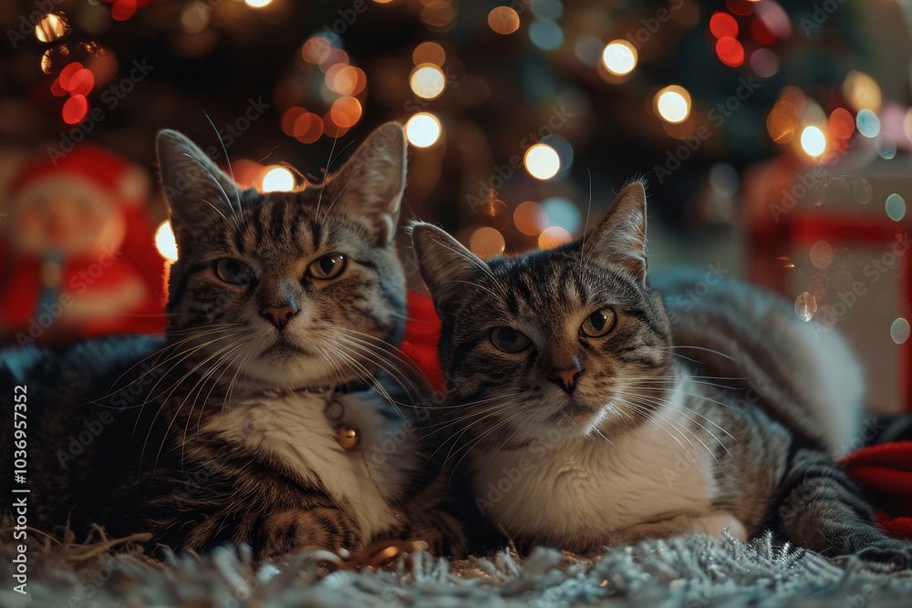 Two cats are laying on a rug in front of a Christmas tree Two cats are laying on a rug in front of a Christmas tree