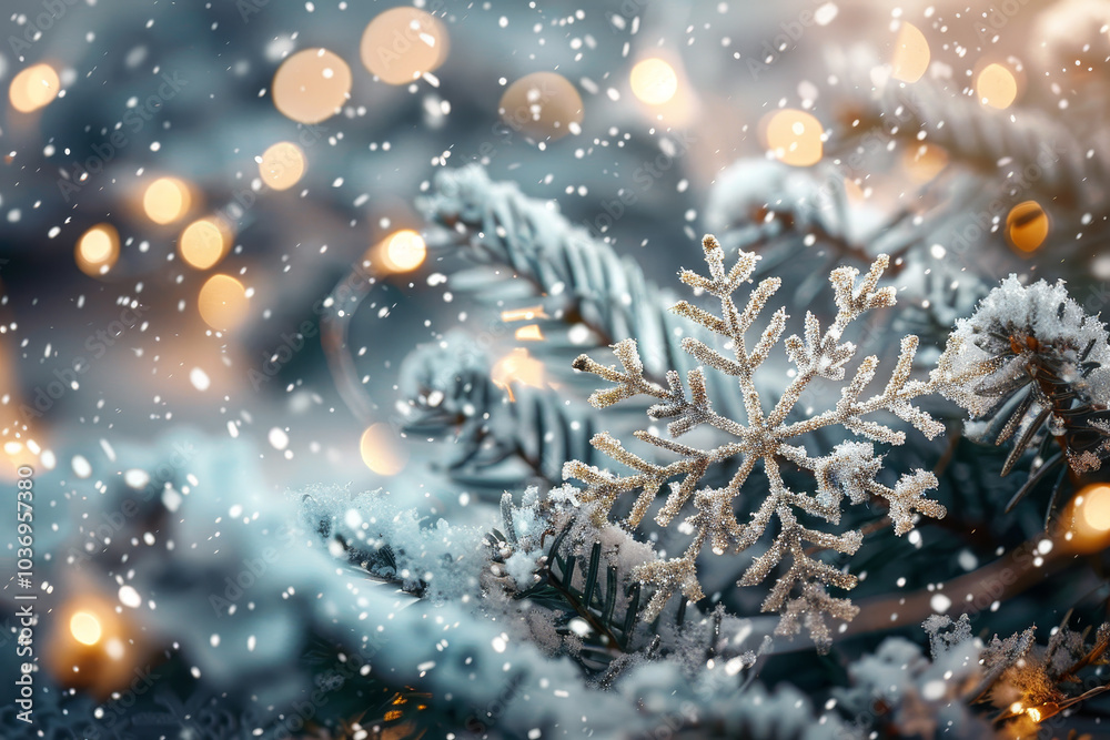 A snowflake is on a tree branch with snow falling around it A snowflake is on a tree branch with snow falling around it
