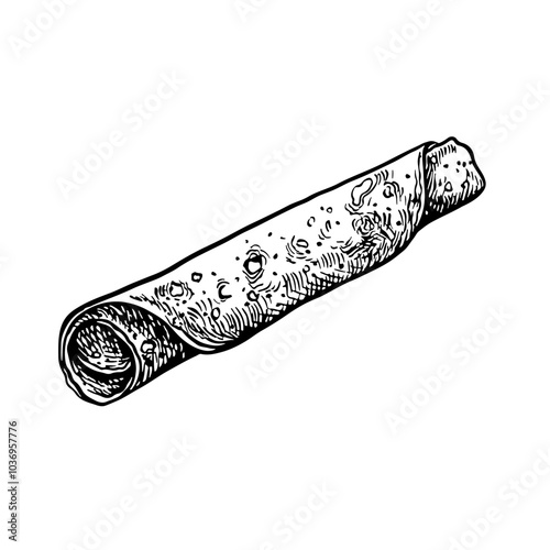 A pancake rolled into a tube. Vector graphic drawing of a pancake. Black and white hand-drawn illustration of food. On a white background. Great for menus, posters or stickers, for cooking recipes.