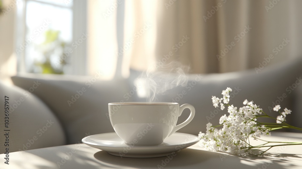 A serene moment with steam rising from a white cup beside delicate flowers in a cozy morning setting. Generative AI A serene moment with steam rising from a white cup beside delicate flowers in a cozy morning setting. Generative AI