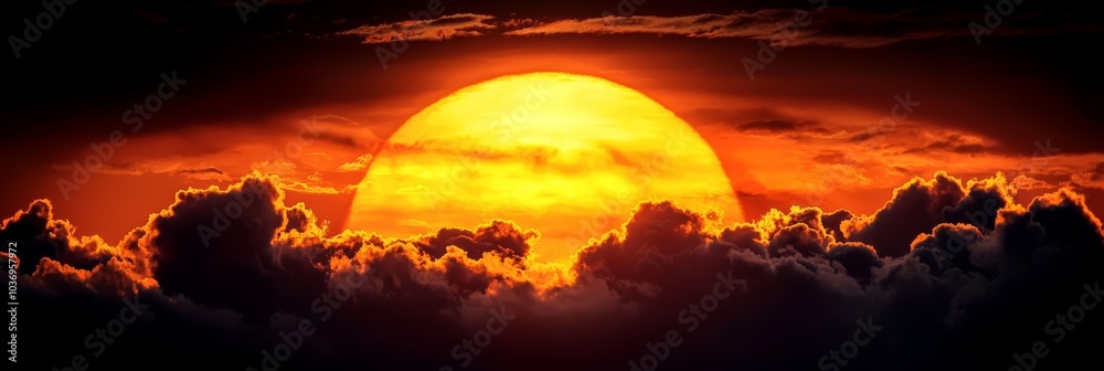 The sun sets over orange and black clouds, with foreground clouds lighter than the ominous dark ones in the distance The sun sets over orange and black clouds, with foreground clouds lighter than the ominous dark ones in the distance