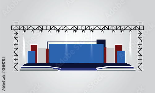 Event Stage design for business conferences, corporate projects presentations, with slides on projection screens. truss and Light