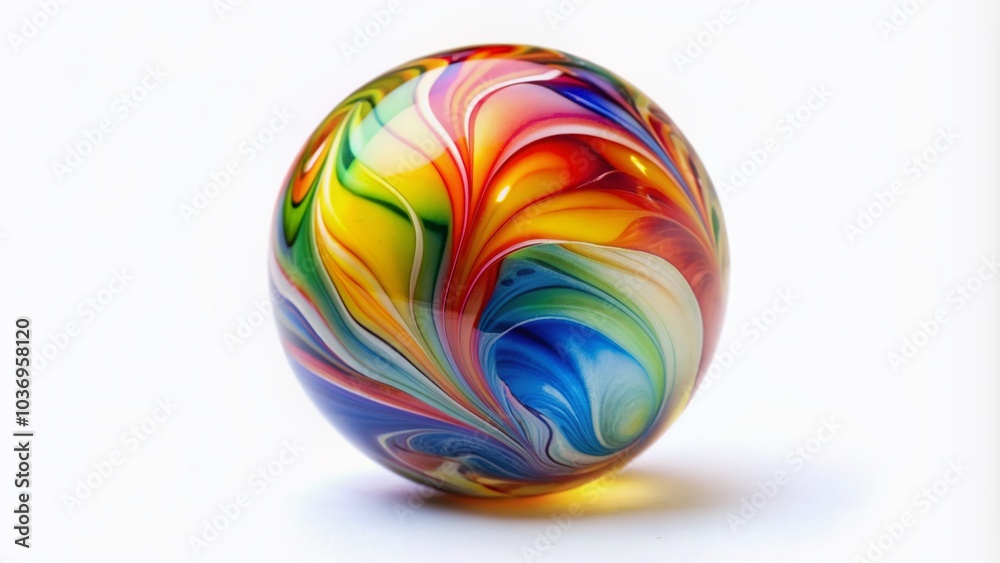 Vibrant,  glass marble with swirling, multicolored patterns and smooth, rounded edges, isolated on a pristine white background, perfect for creative compositions.
