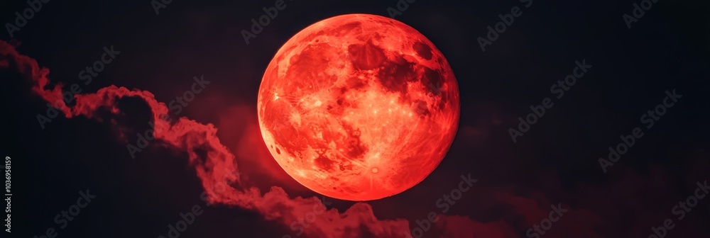 Naklejka premium A massive red moon hovers in the sky, emitting a cloud of smoke from its rear end