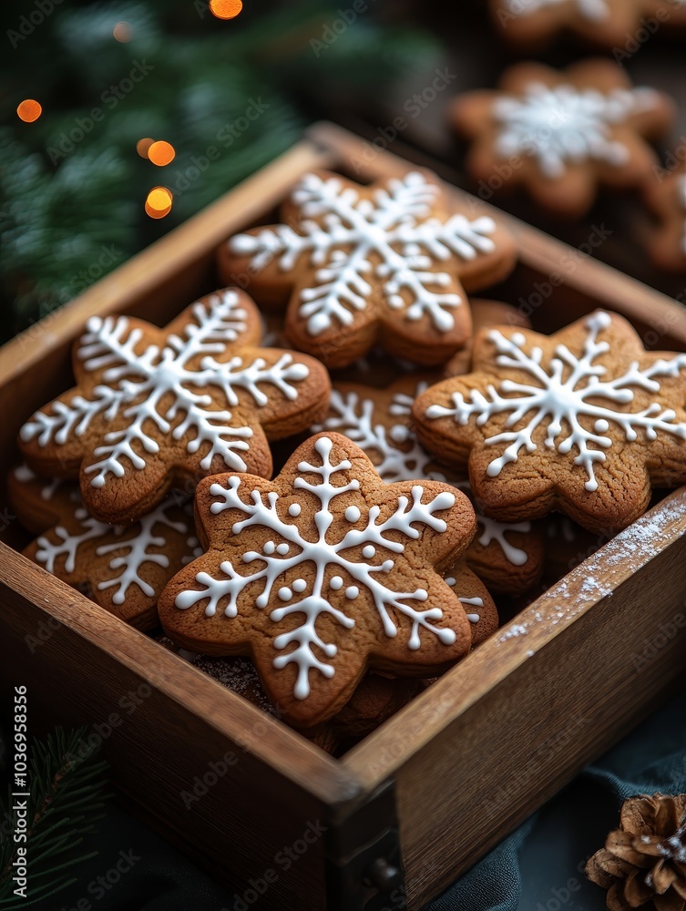 A wooden box filled with snowflake cookies and pine cones A wooden box filled with snowflake cookies and pine cones