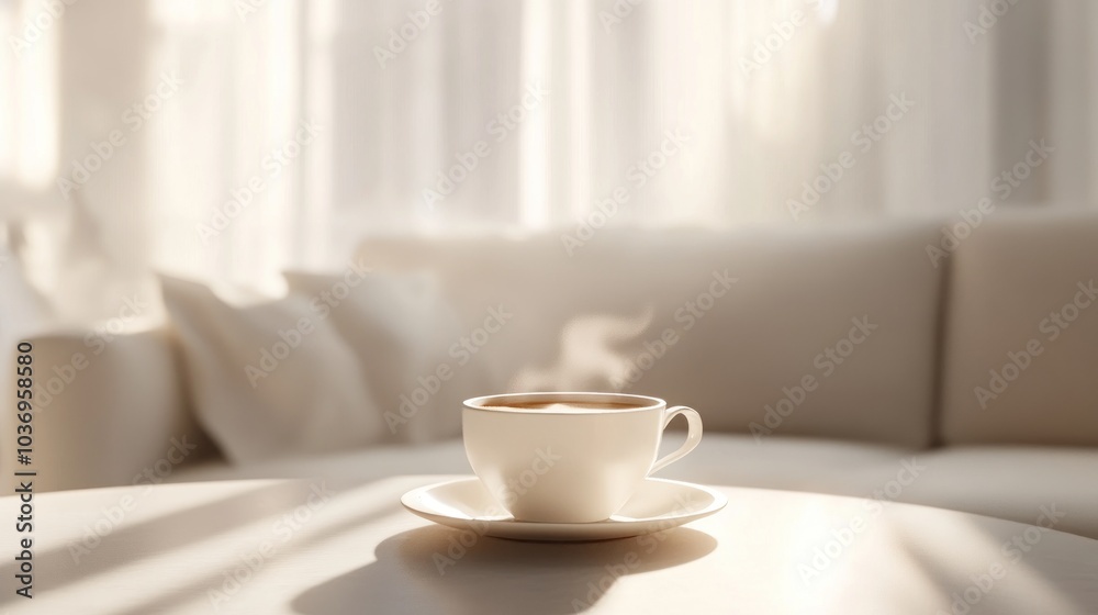 A warm cup of coffee resting on a table in a cozy, sunlit living room during a calm morning. Generative AI A warm cup of coffee resting on a table in a cozy, sunlit living room during a calm morning. Generative AI