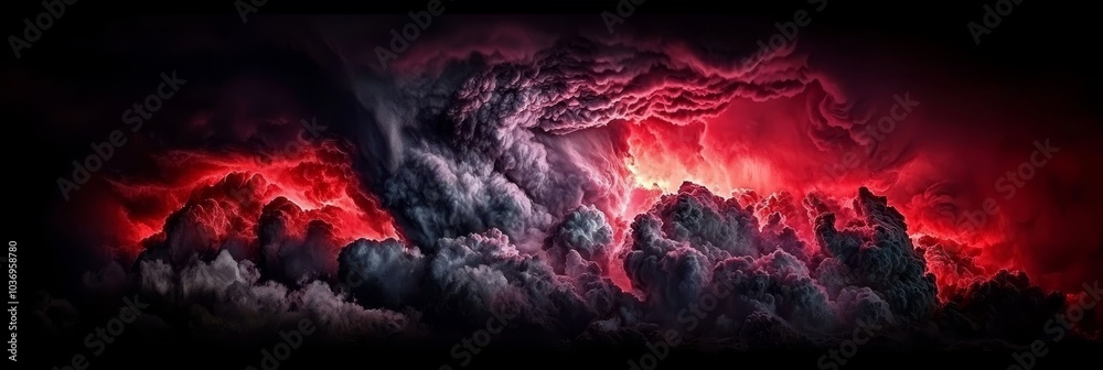 Fototapeta premium A red and black cloud tableau in a night sky, crowned by a scarlet radiant beam ascending from the cloud summit