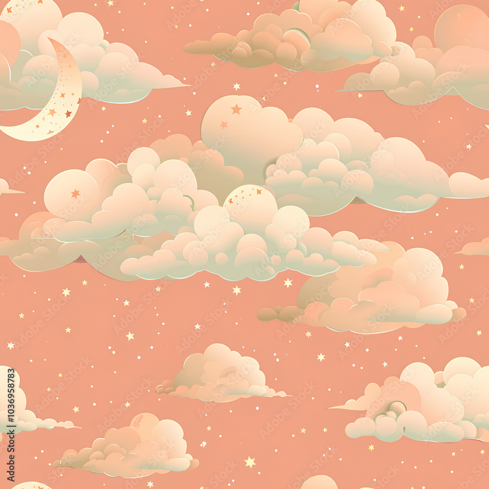 A tranquil sunset sky with soft pink clouds and a glowing crescent moon, seamless design