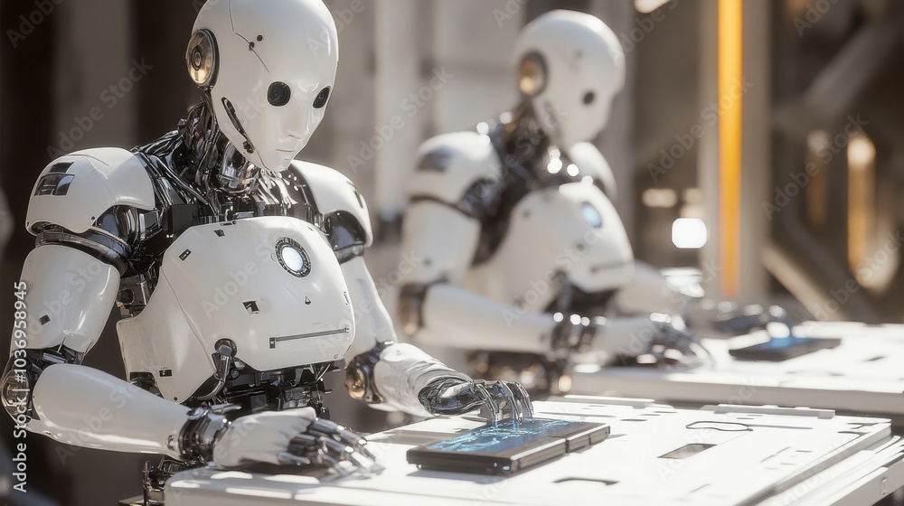 Fototapeta premium Robots Working with Tablets in Futuristic Setting