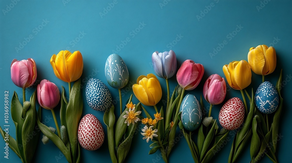 Colorful easter eggs bunches of yellow blue and pink tulips on isolated teal background Colorful easter eggs bunches of yellow blue and pink tulips on isolated teal background