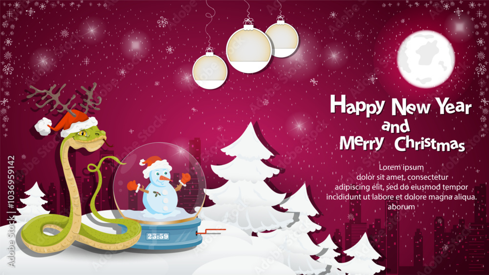 Illustration of the New Year and Christmas A snake next to a glass ball at night in a snowy clearing among the trees Illustration of the New Year and Christmas A snake next to a glass ball at night in a snowy clearing among the trees