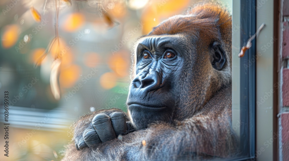 A thoughtful gorilla gazes through a window, surrounded by autumn leaves in a serene sanctuary. Generative AI A thoughtful gorilla gazes through a window, surrounded by autumn leaves in a serene sanctuary. Generative AI